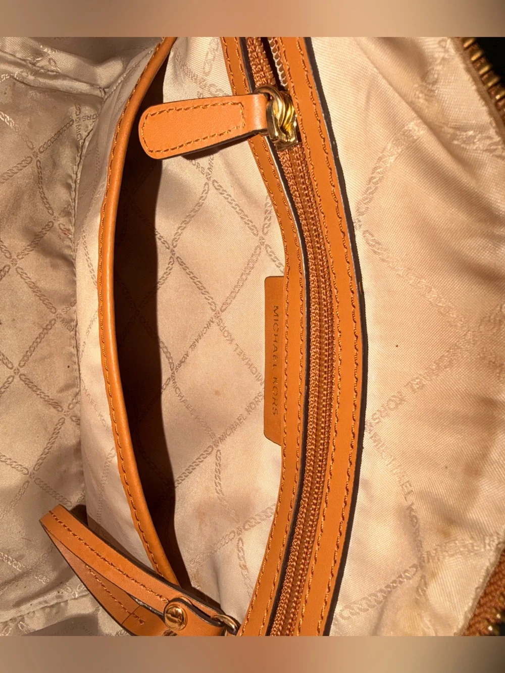Michael Kors Tan and White Signature Stripe Satchel